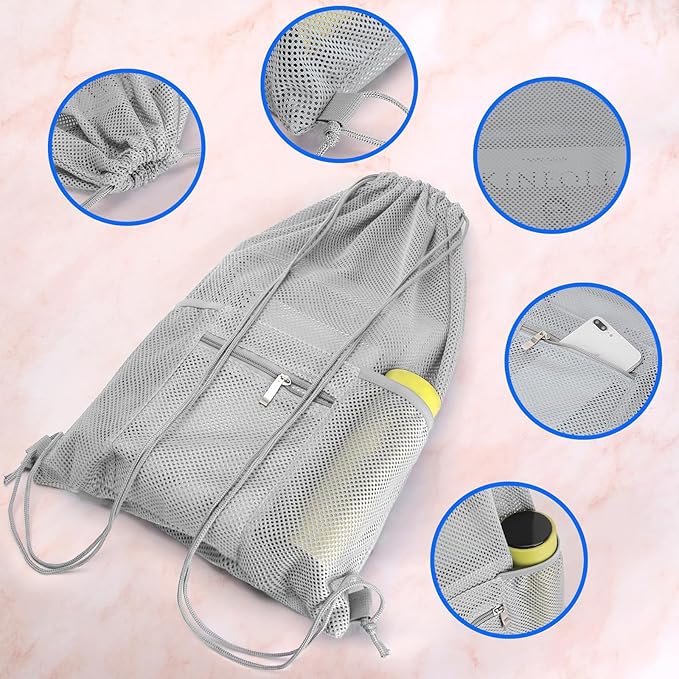 NATURAL STYLE Mesh Drawstring Backpack Bag, Gym Sports Bag with Zipper Pocket Bottle Holder, String Beach Bag for Swiming Travel (Grey)