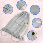 NATURAL STYLE Mesh Drawstring Backpack Bag, Gym Sports Bag with Zipper Pocket Bottle Holder, String Beach Bag for Swiming Travel (Grey)