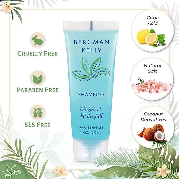 BERGMAN KELLY - Hotel Toiletries Bundle - Tropical Waterfall, 1 oz each, 125 Pieces - 5-Piece Set: 25 each Round Bar Soap, Shampoo, Conditioner, Body Lotion & Body Wash - Bulk Mini Guest Amenities
