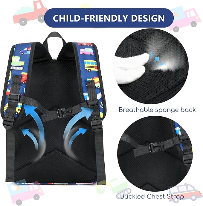 CAMTOP Preschool Backpack for Kids Boys Girls Toddler Backpack Kindergarten School Bookbags for Age 3-8 (Navy Vehicle)