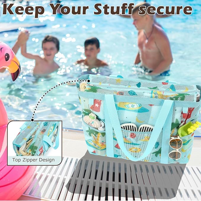 Fammart Mesh Beach Bag with Zipper, Large Beach Tote for Women, Toys Pool Swim Bag Travel Vacation Cruise Essentials