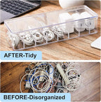 Tatuo 6 Pcs Cable Organizer Box with Wire Ties, Plastic Cord Storage Box with Lid, Electronics Organizer for Home Office Desk Organizers and Accessories (Clear)