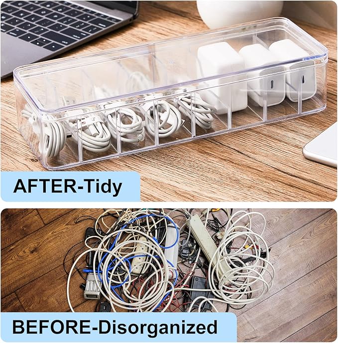 Tatuo 8 Pcs Cable Organizer Box with Wire Ties, Plastic Cord Storage Box with Lid, Electronics Organizer for Home Office Desk Organizers and Accessories (Clear)
