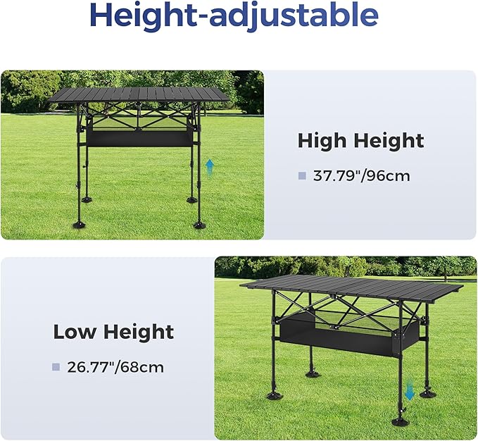 ALPHA CAMP Camping Table Outdoor Portable Adjustable Aluminum Table with Storage for Grill Travel Picnic Beach BBQ Backyards