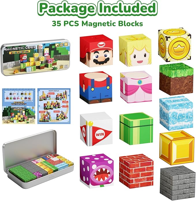 Mini Magnetic Blocks STEM Toys for Kids Ages 3-8, 35PCS Travel Building Set with Magnetic Storage Tin Box, Educational Construction Toys for Toddlers, Preschool Birthday Gift for Boys & Girls