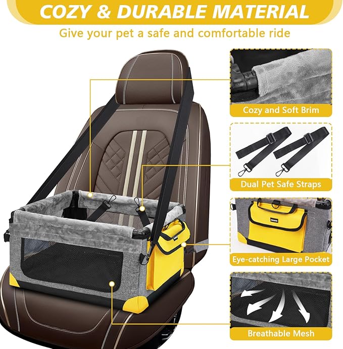 GENORTH Dog Car Seat for Small Pets Up to 20 lbs, with Storage Pocket and Dual Clip-On Safety Leash, Foldable and Washable Design