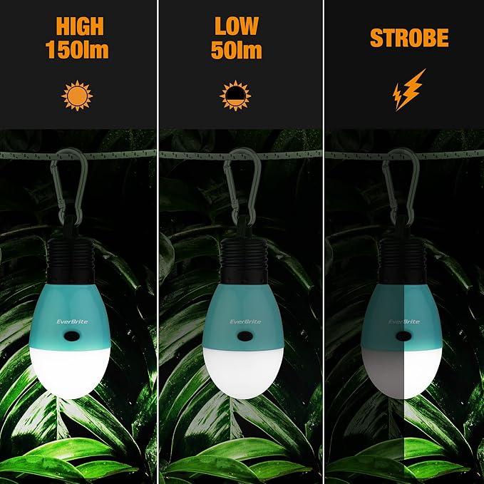 EverBrite Rechargeable Camping Light, Portable Tent Lantern,3 Lighting Modes, Hanging Tent Light Bulbs with Clip Hook for Hiking, Fishing, Backpacking, Emergency and More-Blue