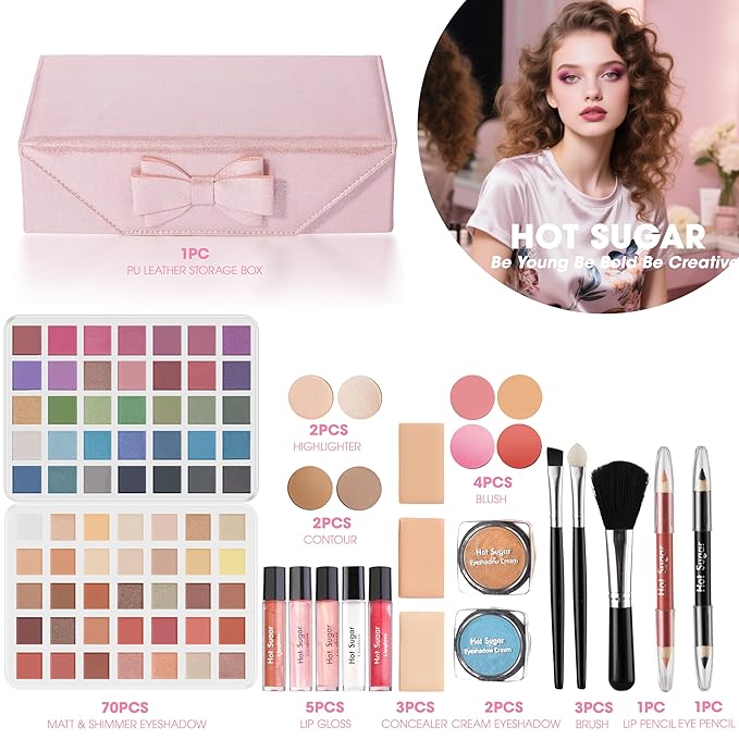 Hot Sugar Makeup Kit for Teenagers, Beginner Makeup Gift Set for Women Full Makeup Kit (Pink)