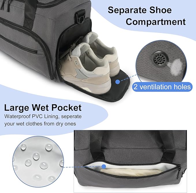 Gym Bag for Men Women, Sport Duffle Bag with Wet Pocket & Shoes Compartment, Water Resistant Overnight Weekender Bag Duffel Bag
