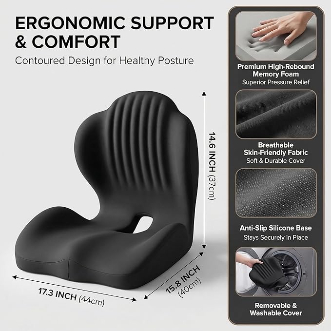 Ergonomic Seat Memory Foam Support Cushion for Back, Car Seat Back Support Cushion for Sciatica Tailbone Pain, Office Desk Chair Car Travel Seat Cushion (Black)