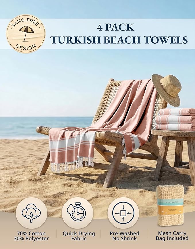 LANE LINEN Beach Towels 4 Pack - Beach Towels Oversized, Pre-Washed Extra Large Beach Towel, Quick Dry, No Sand Beach Towel, Pool Towels for Adults, 39"x71" - Quartz Pink