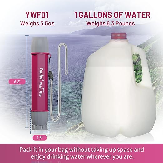 YWF01 Personal Filter Straw for Drinking Survival, Portable Water Purifier Filtration System Survival Gear and Supplies for Camping, Hiking, Travel, and Emergency Preparedness (Plum Red, Pack of 1)