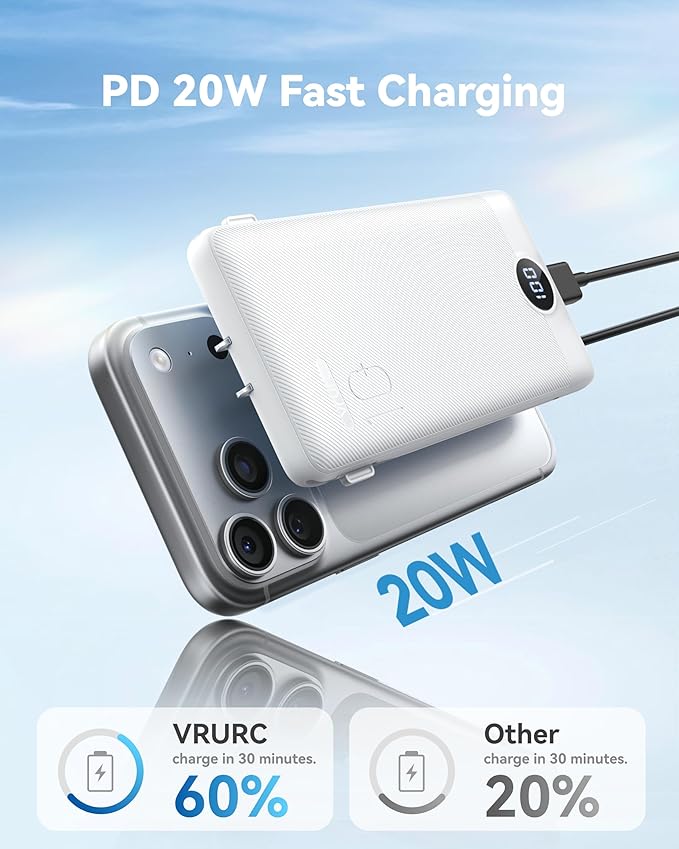 VRURC Portable Charger Power Bank - 10000mAh Fast Charging 22.5W PD 20W Slim Portable Charger Built in Cables,Power Bank with Cords,USB C Portable Phone Charger Travel Accessories -White