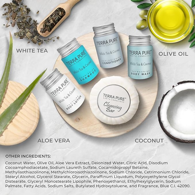 Terra Pure White Tea & Coconut Toiletries Set | 1-Shoppe Amenities Kit | 1oz Shampoo & Conditioner, Body Wash, Lotion, 1.25oz Bar Soap | Travel Size | 300 Pieces