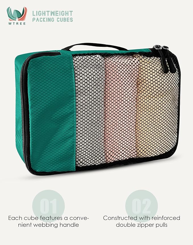 WTREE 4-Piece Packing Cubes Travel Accessories Set for Suitcases - Luggage Organizer Bags with Double Zipper - Mesh Top - Small/Medium/Large/Slim - Green