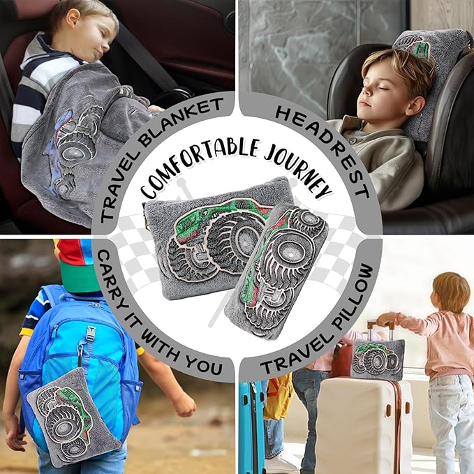 Truck Travel Blanket Pillow, Travel Blanket Airplane Compact with Bag, Pillow Blanket for Kids, Airplane Blanket for Long Flights, Plane & Car Travel Essentials, Glow in The Dark, Camping Outdoor