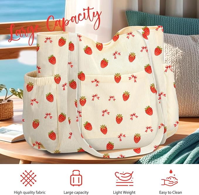 Corduroy Tote Bag for Women,Large Capacity Cute Tote Bags With 6 Pockets,Crossbody Shoulder Handbag for Work Travel Gym