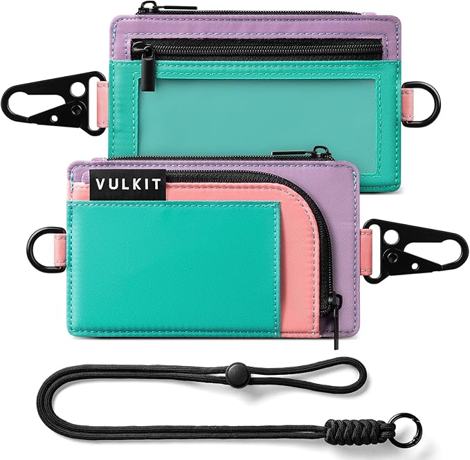 VULKIT Water-Resistant Keychain Wallet with Lanyard for Men and Women, Outdoor Zipper Pouch Wallet with Clear ID Window, for Hiking, Fishing, Skateboard and any Outdoor Activities, Blush Meadow