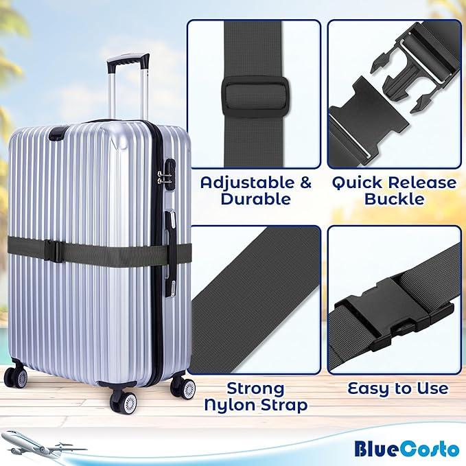 Luggage Straps for Suitcases - TSA Approved - Gray, 4 PK - Premium Nylon Belts for Suitcase, Briefcase & Travel Bag - Adjustable Strap Length 46" - 78"