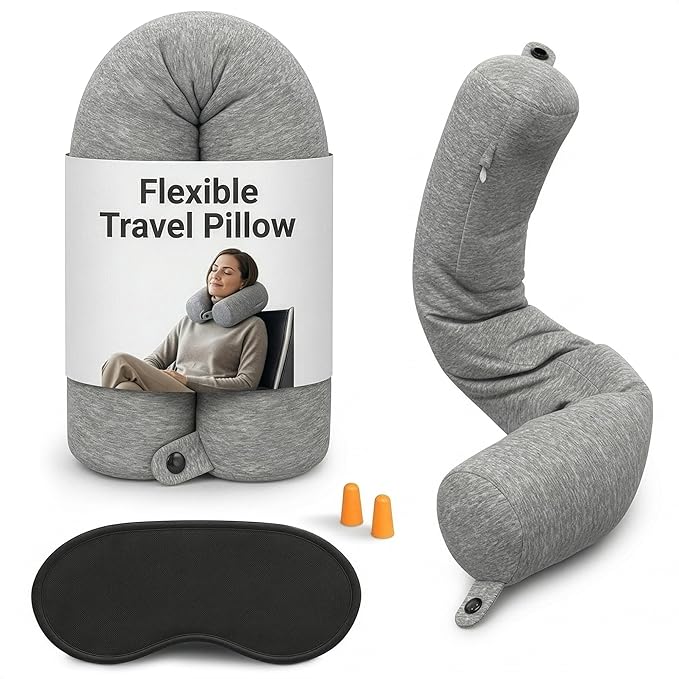 Memory Foam Neck Pillow Travel Airplane - Comfortable & Adjustable Twist Airplane Pillow for Long Flight with Soft Washable Velvet Cover, Eye Mask & Earplugs | 360° Neck Support, Chin, Lumbar