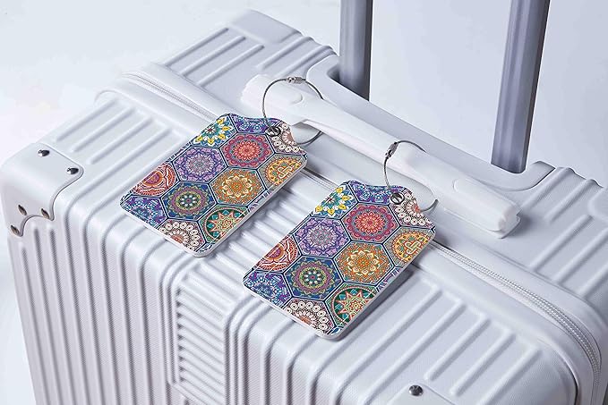 Luggage Tags for Suitcases, 2 Pack Cute PU Leather Suitcase Tag Identifiers TSA Approved with Stainless Steel Loop and Address Card for Baggage Tag for Travel Essentials Hexagon, by Chelmon