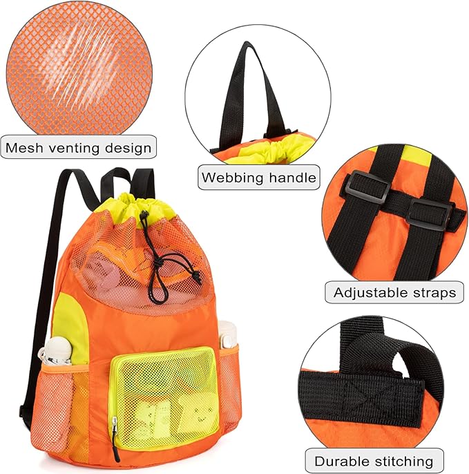 Swim Bag for Kids Mesh Beach Backpack for Boys Lightweight Drawstring Beach Bag Swimming Pool Sports Gym String Bag (Orange)