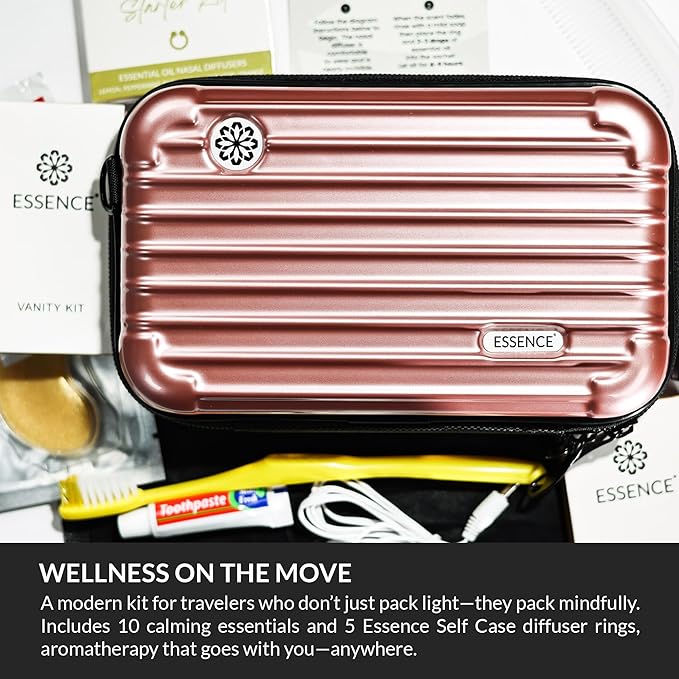 Essence Travel Amenity Kit | Travel Essentials & Travel Size Toiletries Kit | 5-Pack Nasal Diffuser Rings, Sleep Mask, Lotion & Hygiene Kit | Travel Toiletry Kit for Women | Rose Case