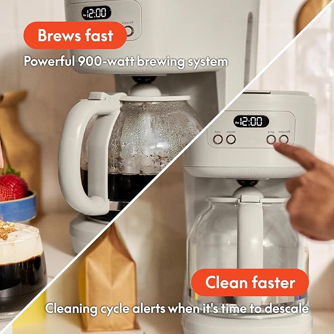 BELLA 12 Cup Programmable Coffee Maker, Reusable Dishwasher Safe Accessories, Easy LCD display, Auto Shutoff, 900 watt, Oatmilk