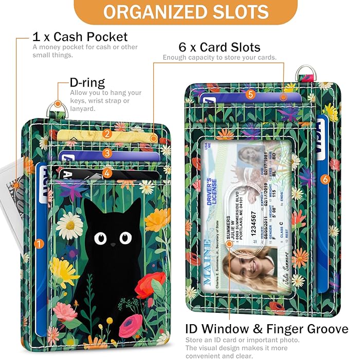 Yonlevres Cat Flower Credit Card Holder Slim Wallet, RFID Wallet Women Front Pocket Wristlet Lanyard, Small Card Holder Travel Funny Cute Thin ID Window PU Leather Case Organizer Gifts Girl