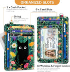 Yonlevres Cat Flower Credit Card Holder Slim Wallet, RFID Wallet Women Front Pocket Wristlet Lanyard, Small Card Holder Travel Funny Cute Thin ID Window PU Leather Case Organizer Gifts Girl