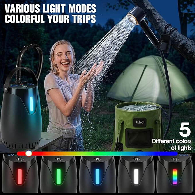 FizZeal Portable Shower for Camping, 8000mAh Rechargeable Portable Camping Shower Pump with 6.6 Gallons Foldable Bucket, 5 Speed & LED Display,Rinse Kit Portable Outdoor Camping Travel Shower Head