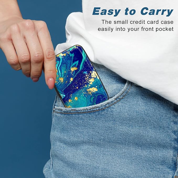 Credit Card Holder, Mini Aluminum Card Wallet RFID Blocking Slim Metal Hard Card Case for Women Men, Blue Green Marbling