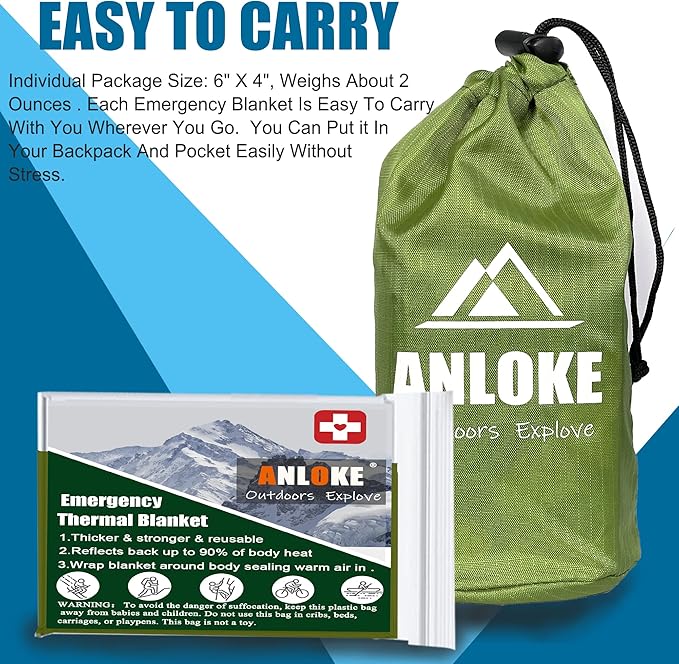ANLOKE Emergency Blankets Mylar Thermal Blanket (4 Pack) of Space Blanket 82" x62''. Survival Blankets Heavy Duty Camping Gear, First Aid, Green