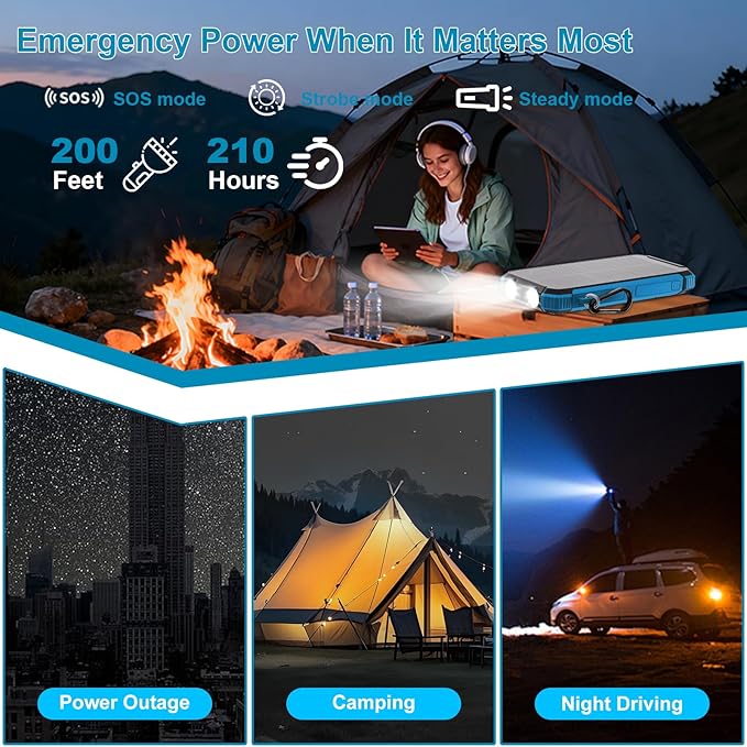 Power Bank Portable Solar Charger, Wireless Fast Charging Battery Pack, 20000mAh Capacity USB-C Input, 6 Outputs, Dual LED Flashlight, USB Battery Pack for Cell Phone Camping Travel Emergency (Blue)