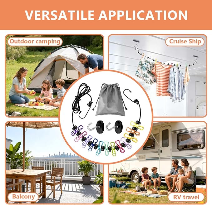 Esoes Magnetic Clothesline for Cruise Ship Cabin Approved - 2026 Updated Super Stronger Magnets,Travel Clothesline for Cruise Ship Essentials Rubber Coated Non-Scratch Strong Magnets, RV and Camping