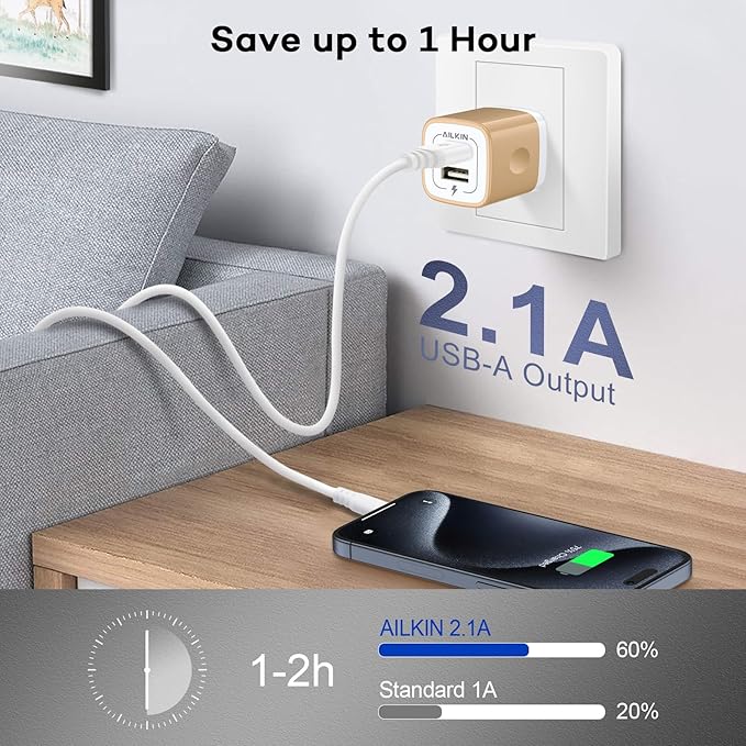 USB Wall Charger, Charger Block, AILKIN 2.1A Multiport Fast Charge Power Brick Cube Plug Box Base Adapter for iPad, iPhone, iPod, Samsung Galaxy, Huawei, HTC, LG, or Other Cell Phone Smart Devices