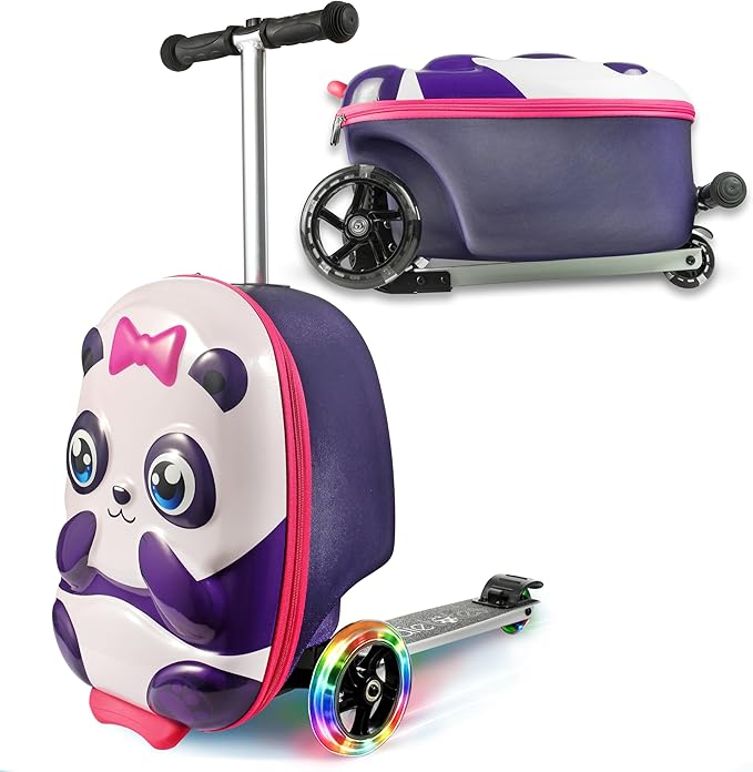 KIDDIETOTES Ride-On Scooter Suitcase for Kids – Hardside Lightweight Carry-On Luggage with Foldable Scooter, LED Wheels, Travel Fun for Toddlers & Children