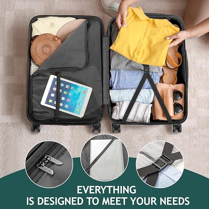 3 Piece Luggage Sets, Lightweight ABS Suitcase with 4 Spinner Wheels ＆ TSA Locks, Hardside Carry On Luggage Durable Suitcase Set for Family Travel Business - Dark Green, 20/24/28
