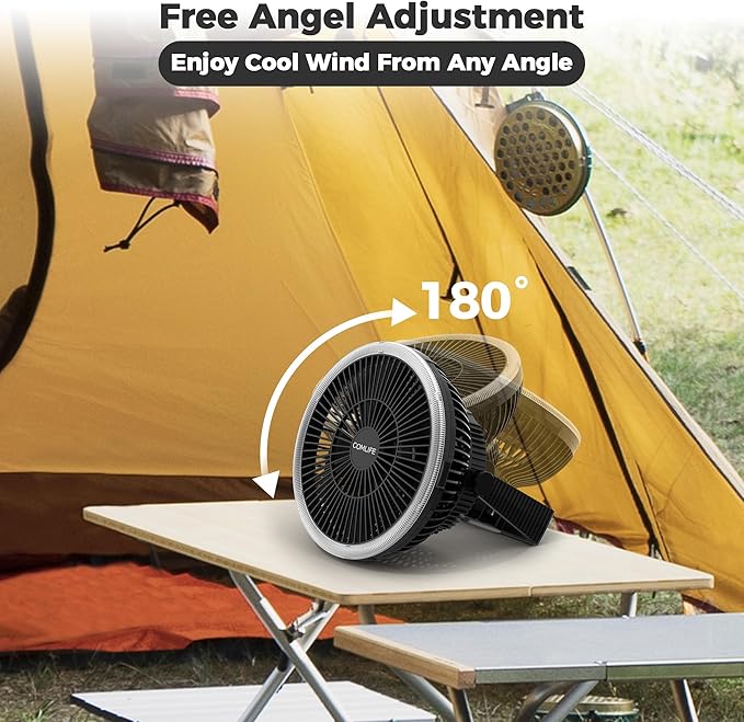 Portable Camping Fan with LED Lantern, 24HRS Running 8inch Rechargeable Tent Fan, Powerful 3-Speed 180° Rotate with Hook, Quiet for Outdoor RV Travel Fishing Hurricane Emergency Power Outage
