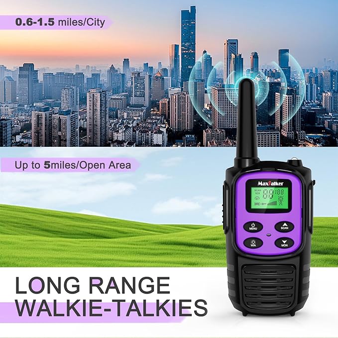 MaxTalker Walkie Talkies Long Range for Adult, MT10 Rechargeable Walkie Talkies FRS Two Way Radio, NOAA, 1200mAh Li-ion Battery USB-C Cable, LED Flashlight,VOX Walkie Talkie for Camping 2Pack (Purple)
