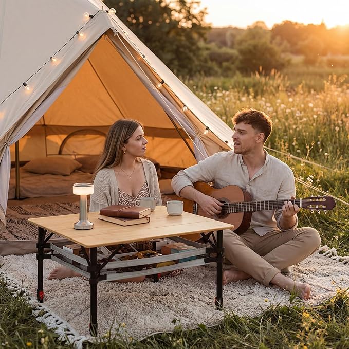 Join Nature Bamboo Camping Table, Adjustable Height Folding Outdoor Table with Aluminum Frame, Portable Camp Table with Carry Bag for Camping, RV, Picnic & Tailgating