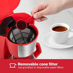 Holstein Housewares 5 Cup Drip Coffee Maker – Compact and User-Friendly with Auto Pause & Serve, Reusable Filter, Measuring Spoon & Glass Carafe, Office & Dorm Use, Red