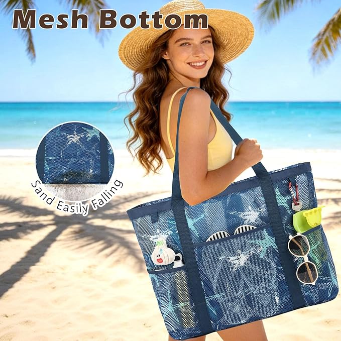 Fammart Mesh Beach Bag with Zipper, Large Beach Tote for Women, Toys Pool Swim Bag Travel Vacation Cruise Essentials