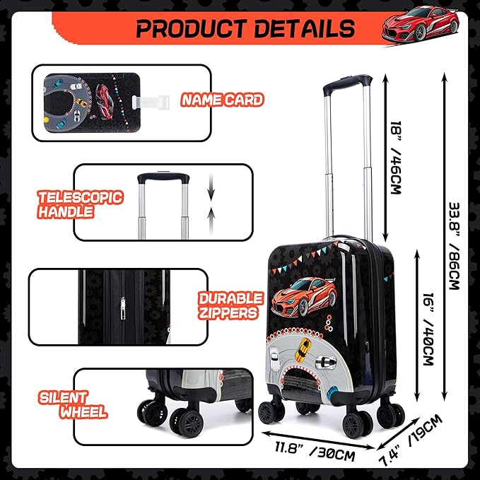 Kids Luggage Set 5 Piece 16'' Hardside Spinner Wheels Travel Suitcase Carry On Airline Approved Black Car