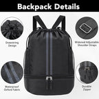 Pimoys Drawstring Backpack Gym Bag, Waterproof String Backpack with Side Mesh Pockets, Beach Bag for Basketball, Soccer, Swim, Wrestling Bag for Women Men