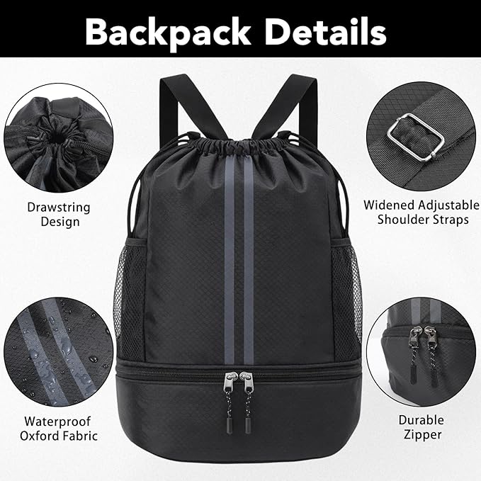 Pimoys Drawstring Backpack Gym Bag, Waterproof String Backpack with Side Mesh Pockets, Beach Bag for Basketball, Soccer, Swim, Wrestling Bag for Women Men