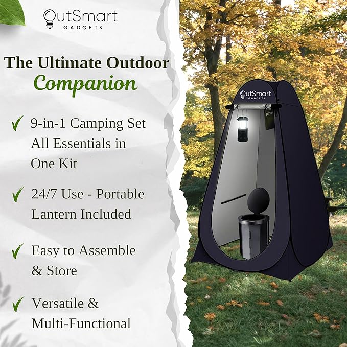 Outsmart Gadgets Outdoor Portable Toilet Set for Adults with Camping Night Lantern, Folding XL Toilet, Pop Up Privacy Tent and Carry Bags, Multipurpose Potty, Washable and Foldable for RV Travel