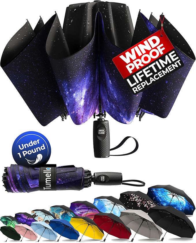 TUMELLA Inverted Windproof Umbrella, Large, Strong, Light, Portable, Automatic Reverse Folding Rain Umbrella, Durable Premium Grip, Fits Car & Backpack