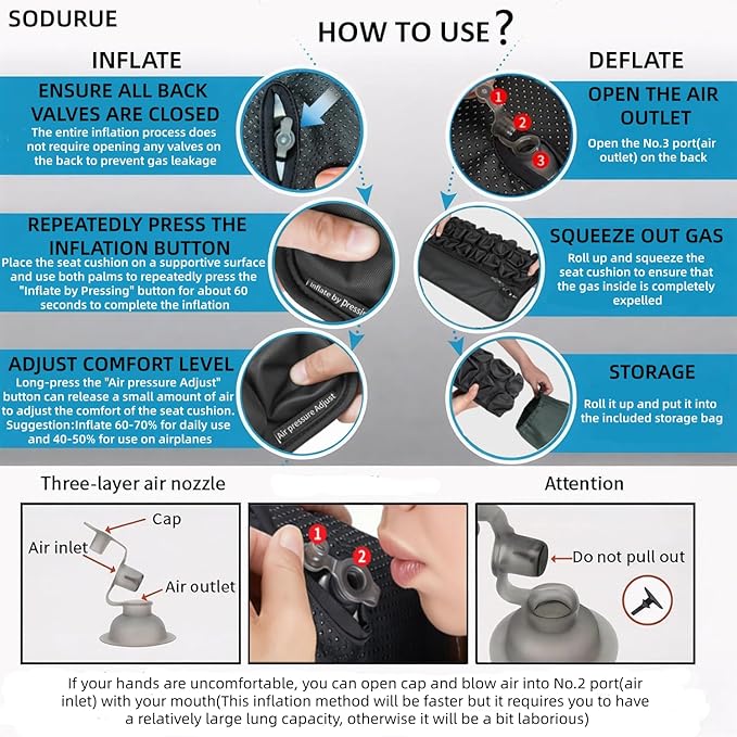 Sodurue Travel Cushion Airplane Seat,Airplane Seat Cushion for Long Flights,Press Type Air Inflatable Wheelchair Seat Cushion,49 Airbags,for Car,Office,Stadium,Ergonomic Comfort Support,Heavy Duty