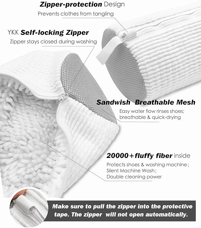 Shoe Washing Machine Bag,Laundry Shoe Bag for Washer and Dryer,Reusable Shoe Cleaning Bag for Sneakers,Tennis Shoes,With Self-locking Zipper, Microfiber Inside,Include Shoe Bag (Pro White - 2 Pack)